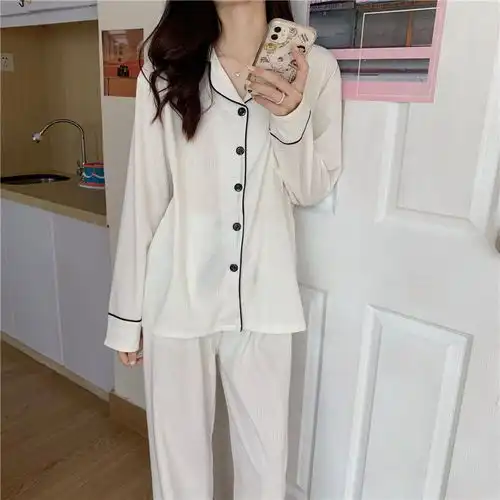  棉质睡衣少女长袖韩系纯色坑条春秋季简约ins学生冬天家居服套装