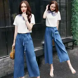  jeanesunp新款夏季小心机牛仔阔腿裤bf套装女气质淑女时尚港风两件套潮图片大全邮乐官方网站