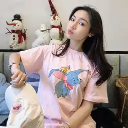  ins明星同款优质棉宽松粉色小飞象卡通印花t