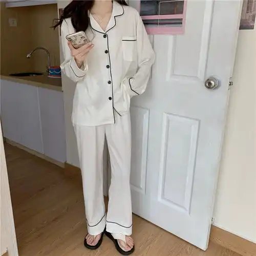  棉质睡衣少女长袖韩系纯色坑条春秋季简约ins学生冬天家居服套装