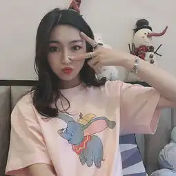  ins明星同款优质棉宽松粉色小飞象卡通印花t