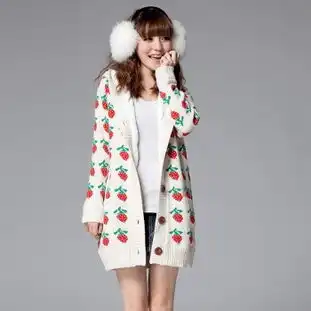  2011秋装新品女装韩版可爱条纹线草莓长款连帽修身毛衣外套