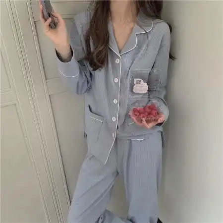  棉质睡衣少女长袖韩系纯色坑条春秋季简约ins学生冬天家居服套装