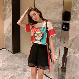  时尚港风套女夏装2019夏季新款女式印花t恤短裤两件套装女装