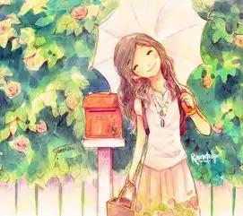  动漫情侣qq头像这就是爱情里面的一对图,很有校园小清新风格,女生穿裙子撑一把伞,背景是绿色的