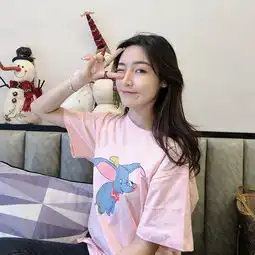  ins明星同款优质棉宽松粉色小飞象卡通印花t