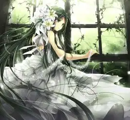  绿色的头发,绿色的瞳色,很大的白色发卡,白色长裙动漫女孩,图片
