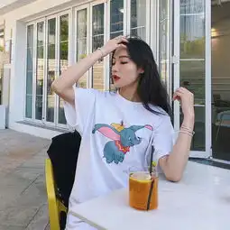  ins明星同款优质棉宽松粉色小飞象卡通印花t